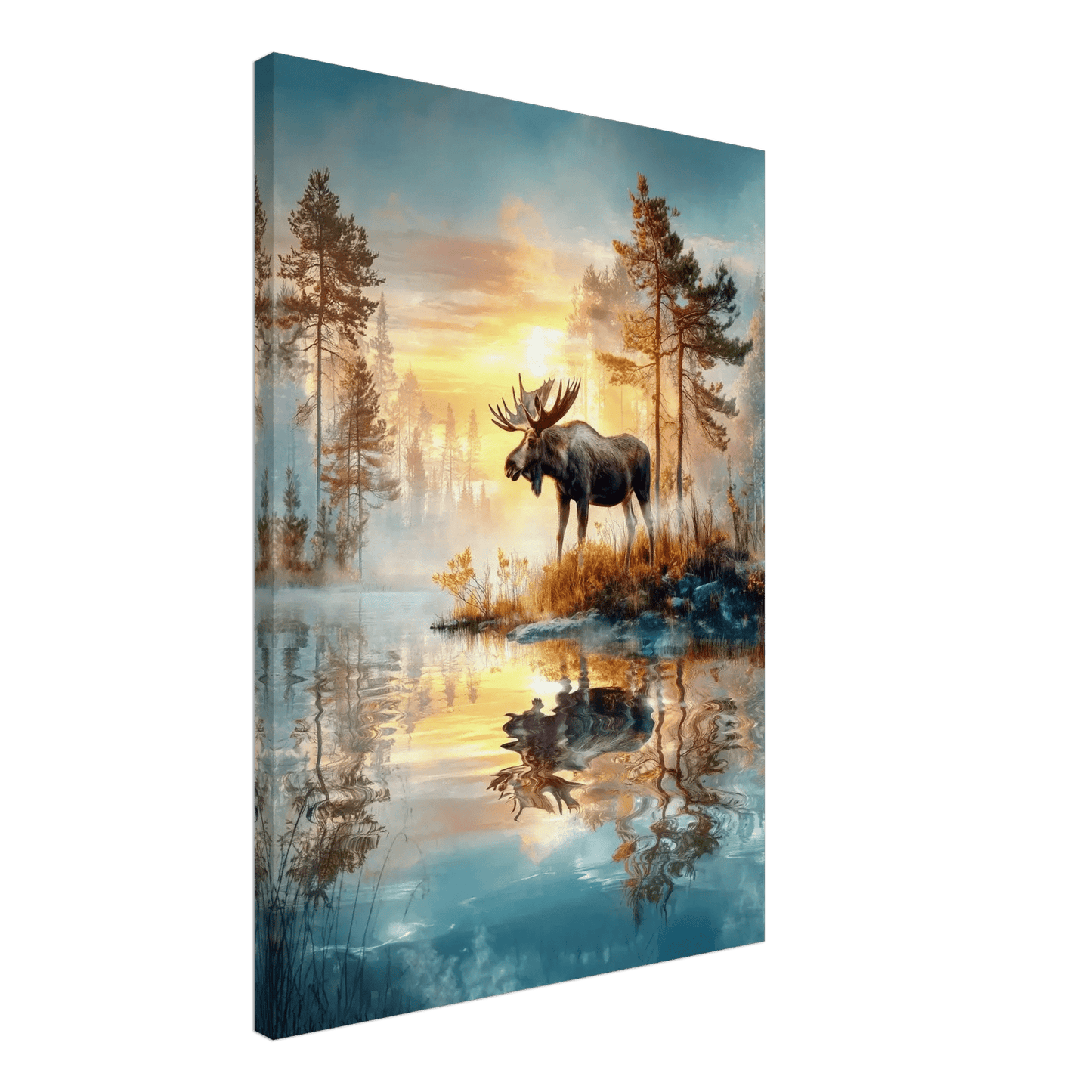 Elg og Solnedgang – KI digital oljemaling trykket på papir, lerret, aluminium, akryl og tre | KBentz.no