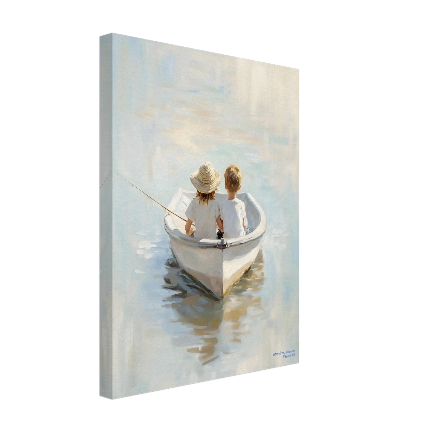 Uten årer bare oss - duo barn i båt, maleri som formidler ro og nærhet. – moderne veggkunst | KBentz.no