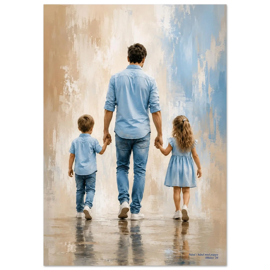 Hånd i hånd med pappa, kunstverk av far og to barn som går hånd i hånd, symboliserer kjærlighet og familiebånd.