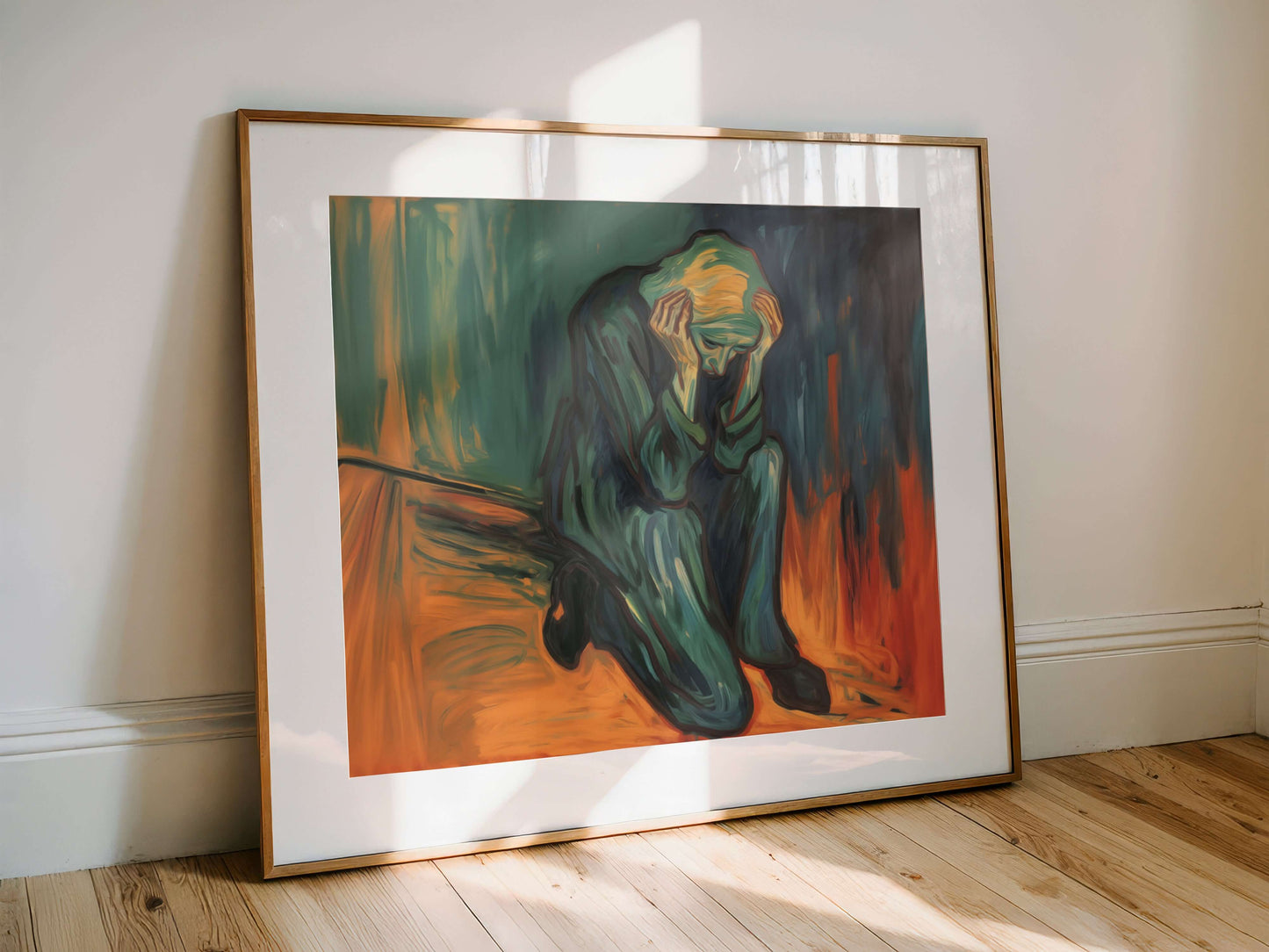 Kunstverk "Det gjør vondt å være sterk" med sårbarhet og indre kamp i dramatiske farger. – moderne veggkunst | KBentz.no