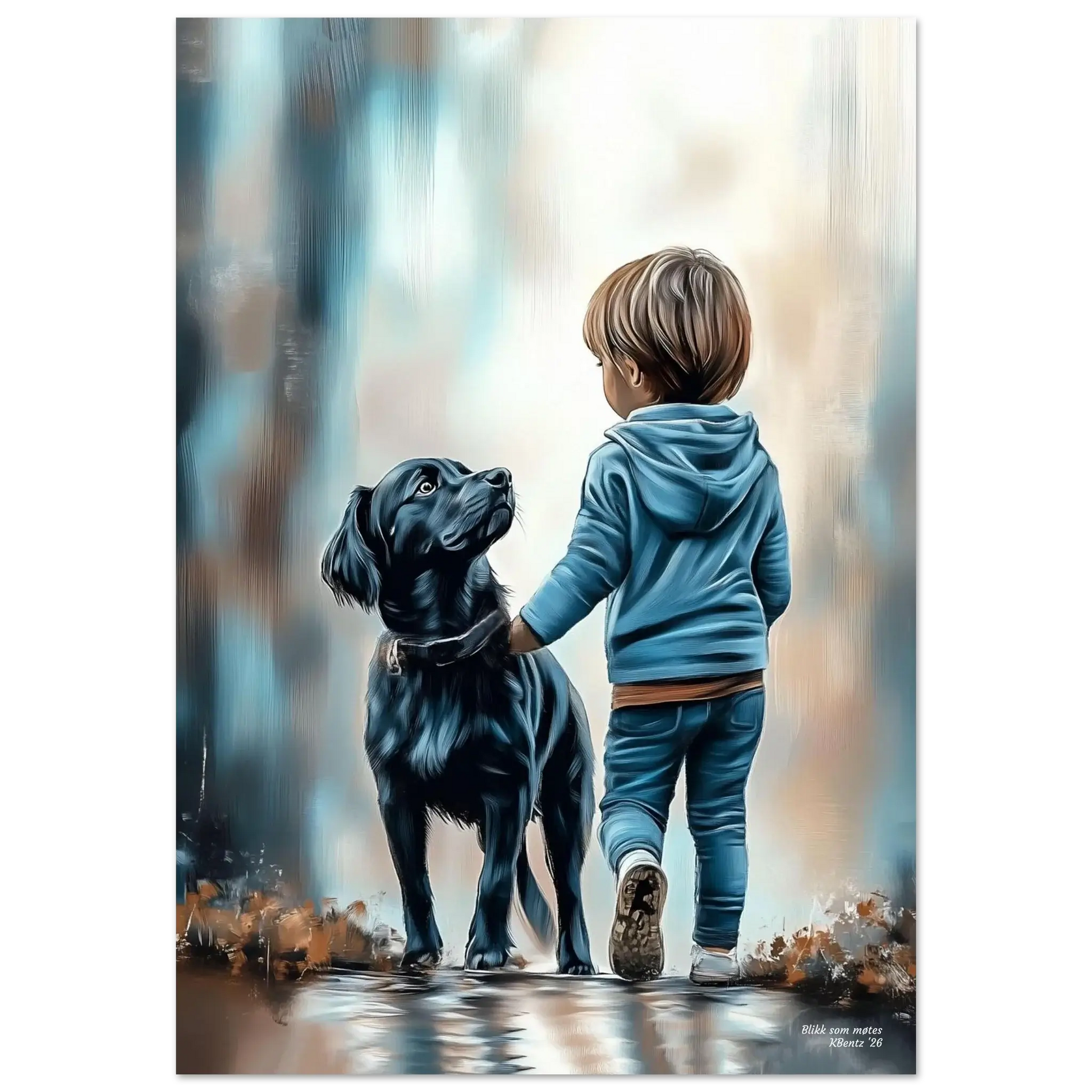 Blikk som møtes - Digitalt maleri av et barn med hund, som formidler trygghet og vennskap.