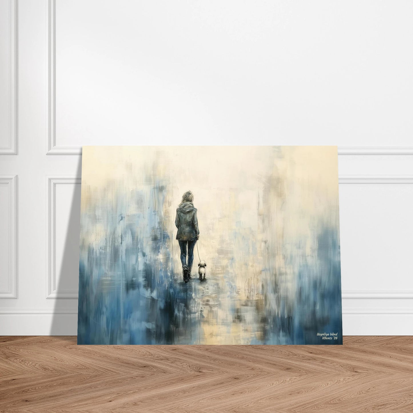 Usynlige bånd kunstverk med en person som går med hund i et abstrakt landskap. – moderne veggkunst | KBentz.no