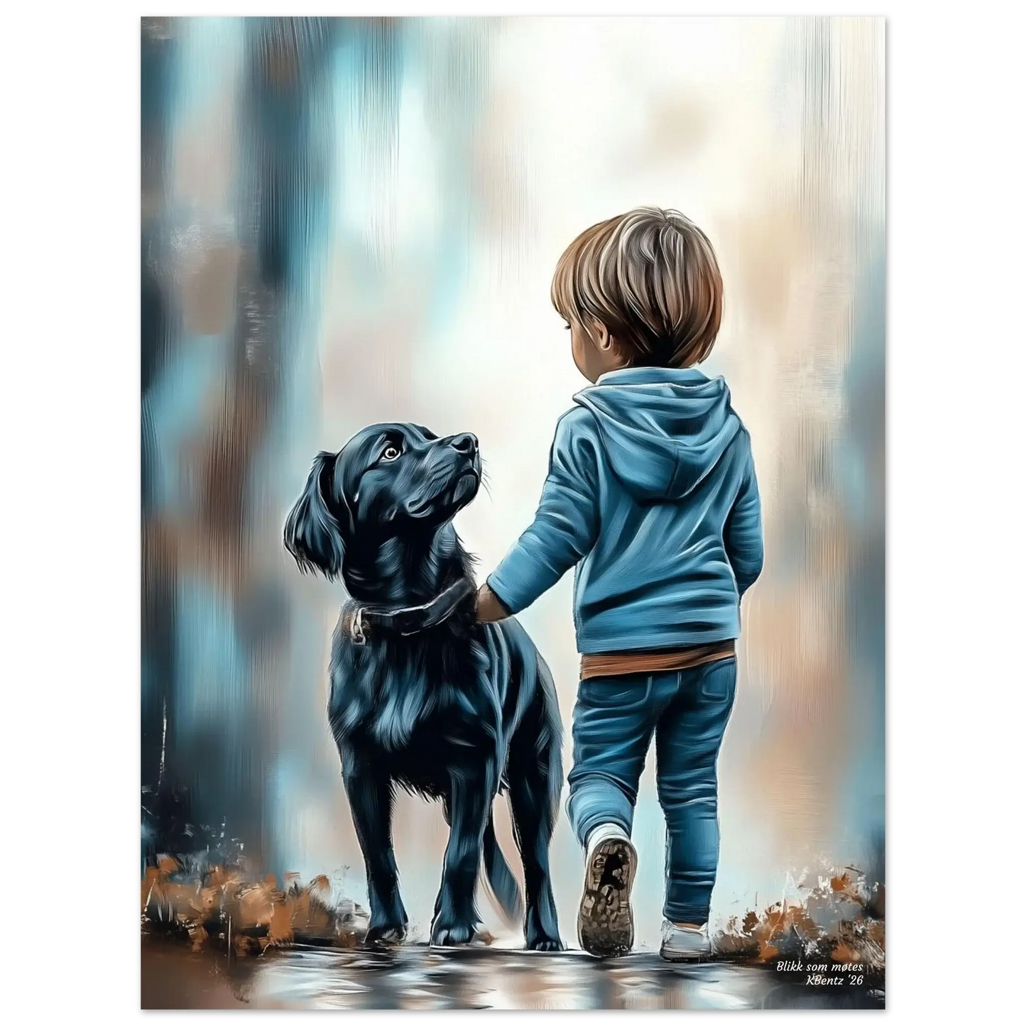 Blikk som møtes – digitalt maleri av barn med hund, som formidler vennskap og trygghet. – moderne veggkunst | KBentz.no