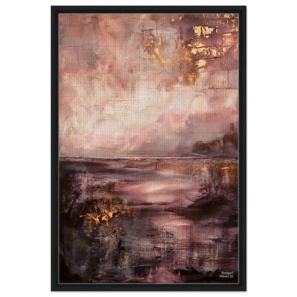 Rosegull: abstrakt veggbilde med rosa, kobber og gullnyanser i drømmende landskap. – moderne veggkunst | KBentz.no