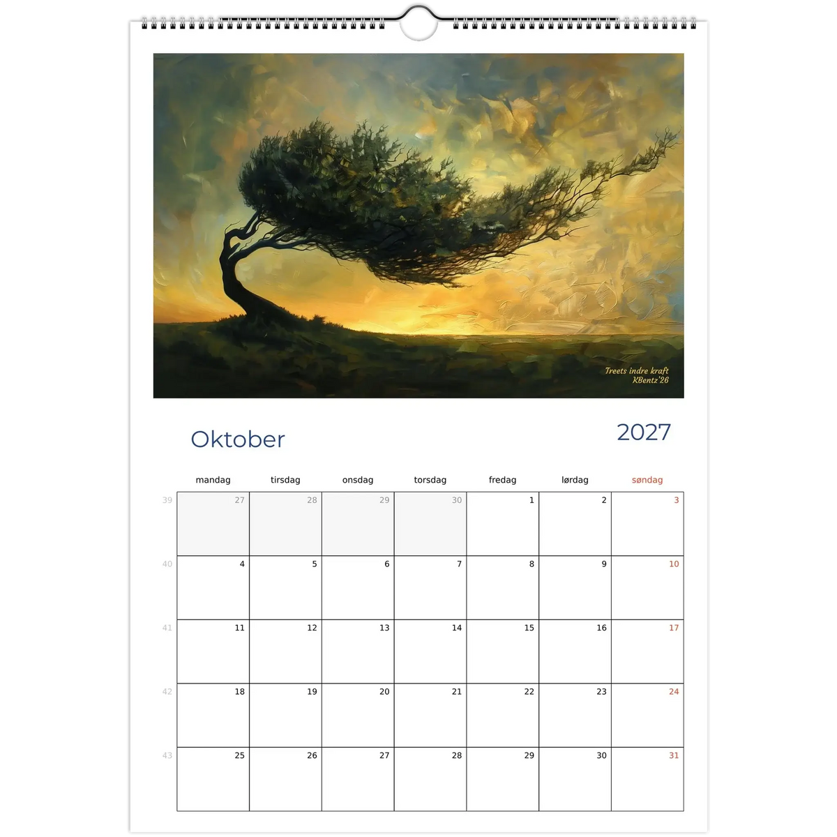 Øyeblikk som varer kunstkalender 2027 med kunstverk av en vindfull tre i oktober.