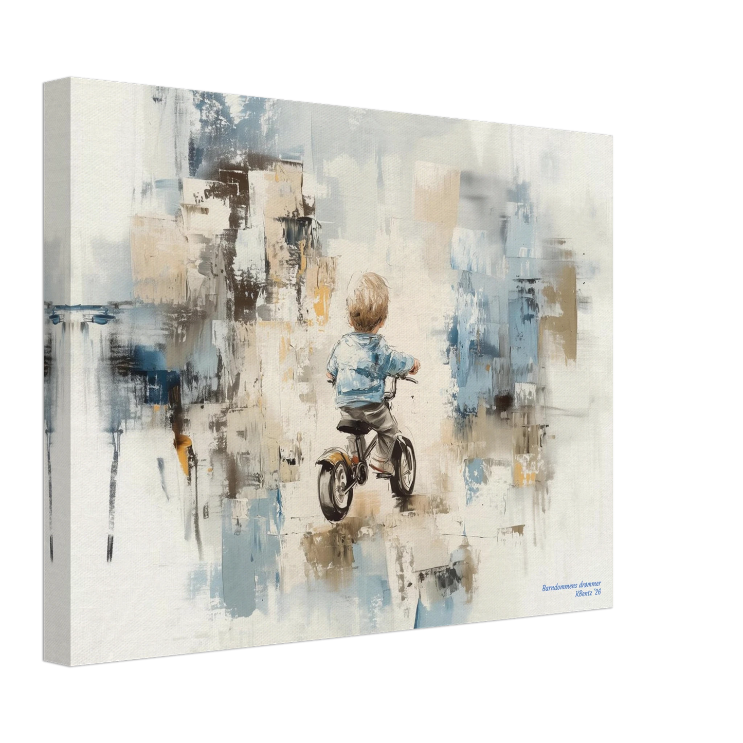 Barndommens drømmer – kunstverk av en gutt på sykkel i en fargerik, kunstnerisk bakgrunn – moderne veggkunst | KBentz.no