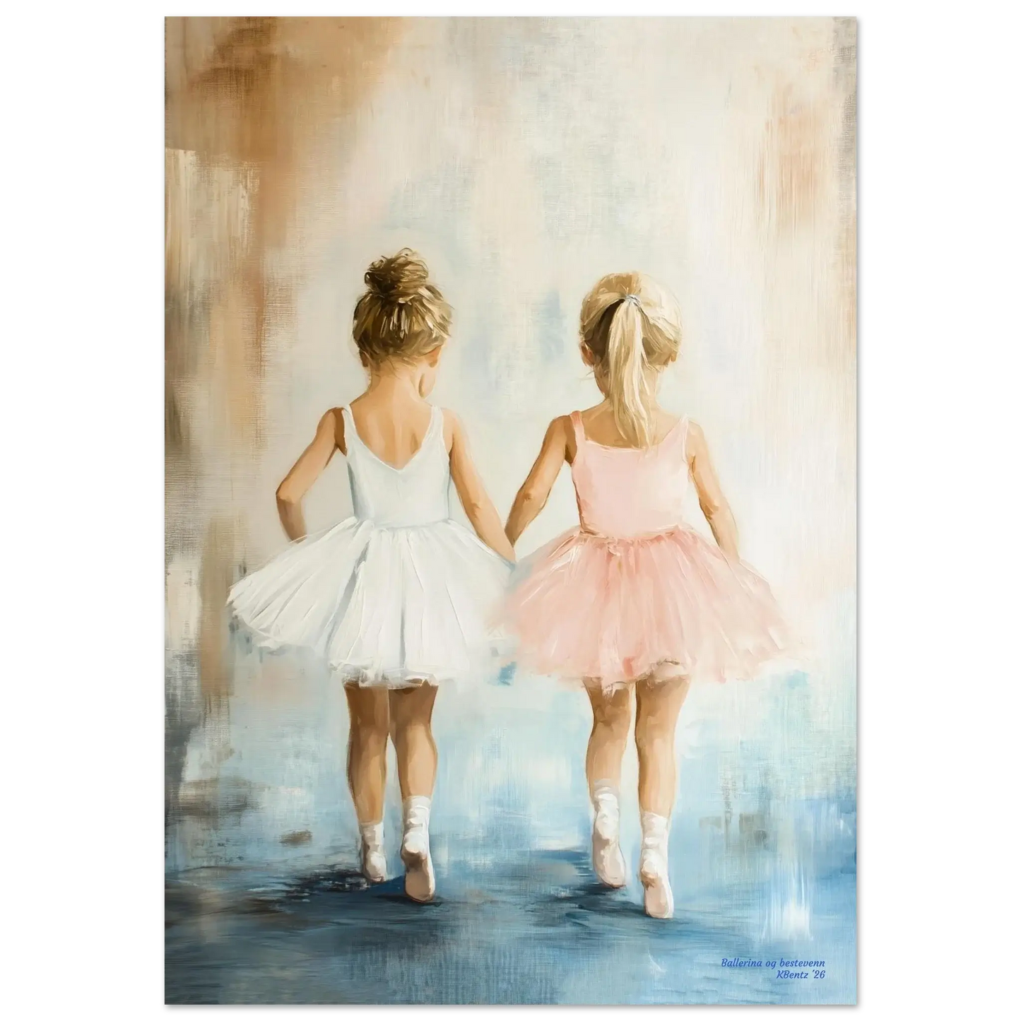 Ballerina og bestevenn – to små ballerinaer holder hender i en elegant og harmonisk setting. – moderne veggkunst | KBentz.no