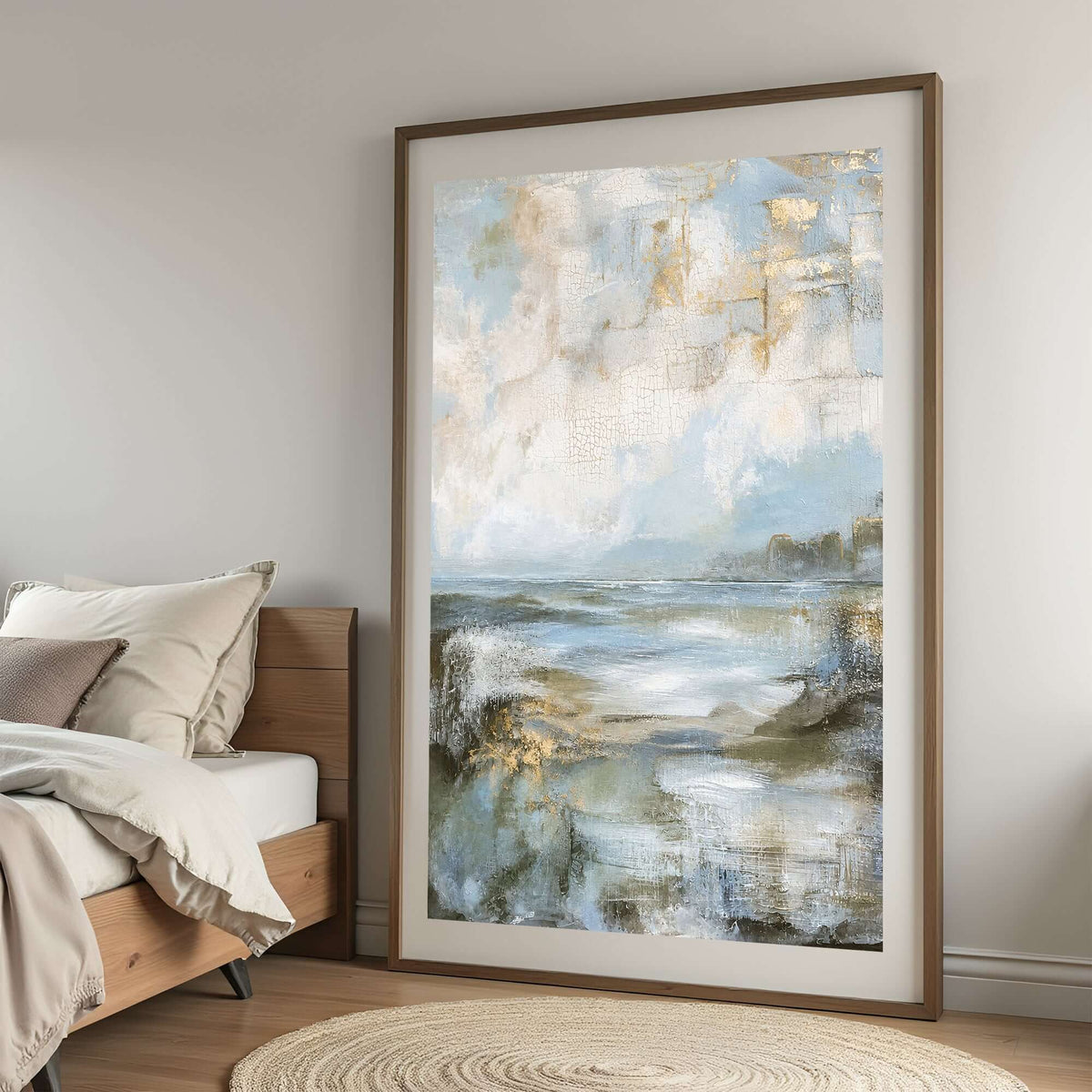Himmelens speil: et abstrakt veggbilde med blåtoner og beige i et moderne interiør. – moderne veggkunst | KBentz.no