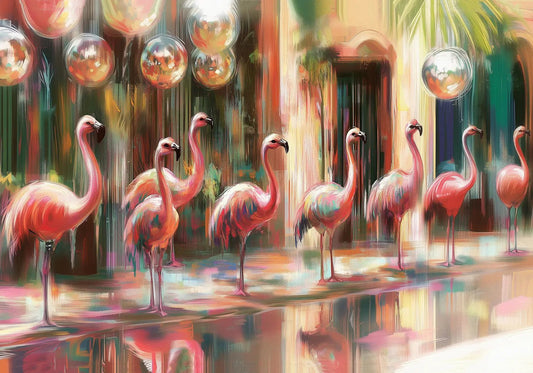 Flamingodansen – KI digital oljemaling trykket på papir, lerret, aluminium, akryl og tre | KBentz.no
