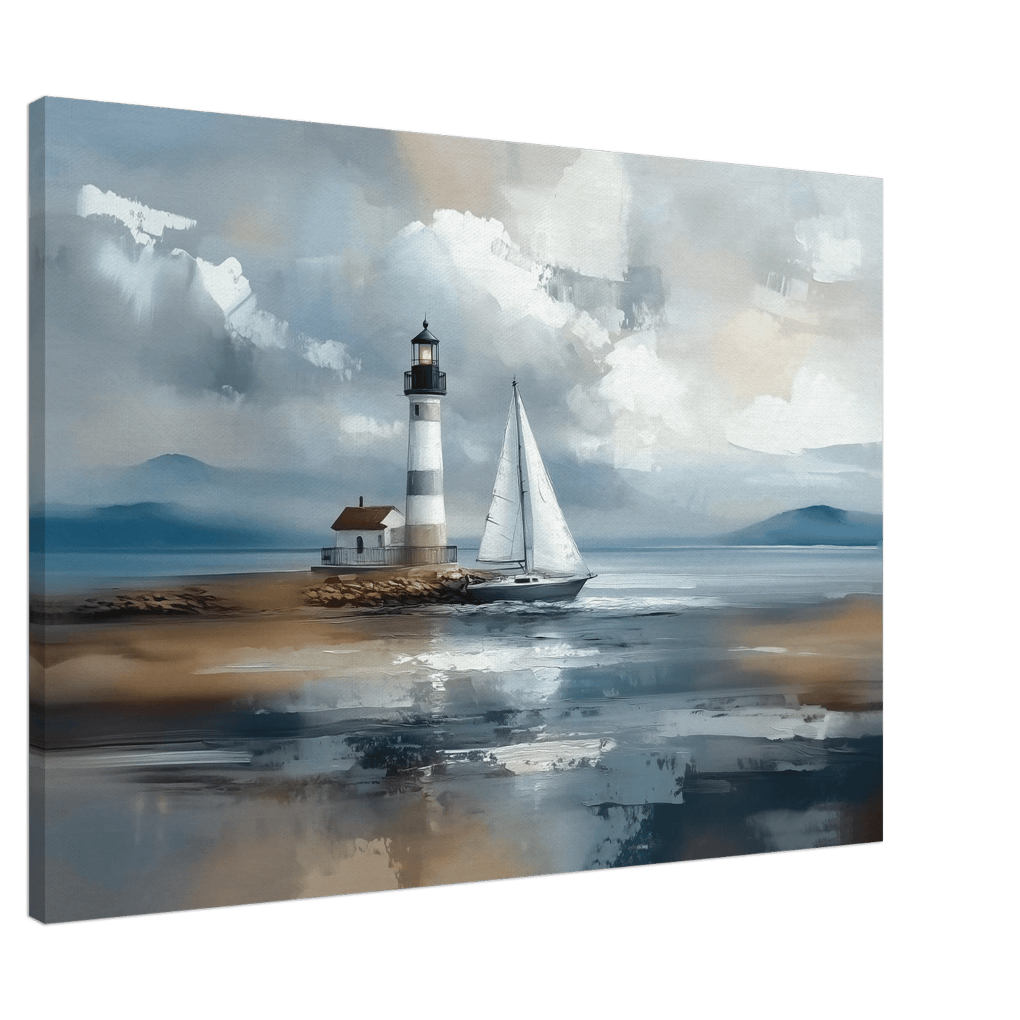 Fyrtårn og seilbåt – KI digital oljemaling trykket på papir, lerret, aluminium, akryl og tre | KBentz.no
