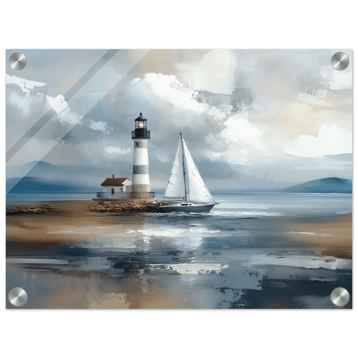 Fyrtårn og seilbåt – KI digital oljemaling trykket på papir, lerret, aluminium, akryl og tre | KBentz.no