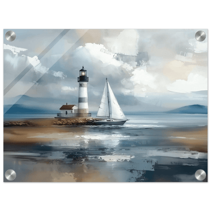 Fyrtårn og seilbåt – KI digital oljemaling trykket på papir, lerret, aluminium, akryl og tre | KBentz.no