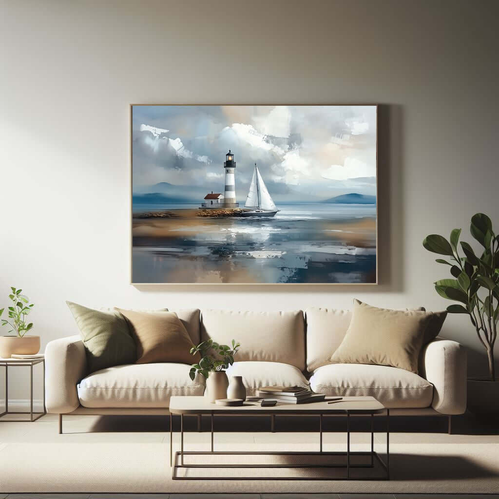 Fyrtårn og seilbåt – KI digital oljemaling trykket på papir, lerret, aluminium, akryl og tre | KBentz.no