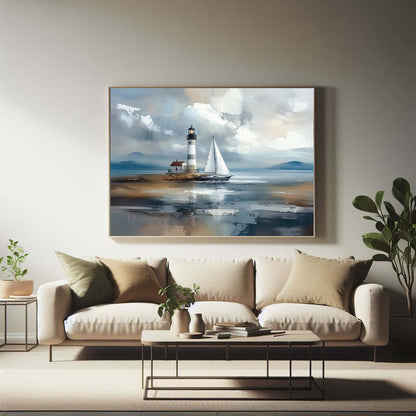 Fyrtårn og seilbåt – KI digital oljemaling trykket på papir, lerret, aluminium, akryl og tre | KBentz.no