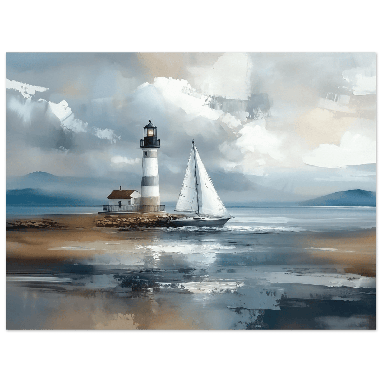 Fyrtårn og seilbåt – KI digital oljemaling trykket på papir, lerret, aluminium, akryl og tre | KBentz.no