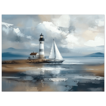 Fyrtårn og seilbåt – KI digital oljemaling trykket på papir, lerret, aluminium, akryl og tre | KBentz.no