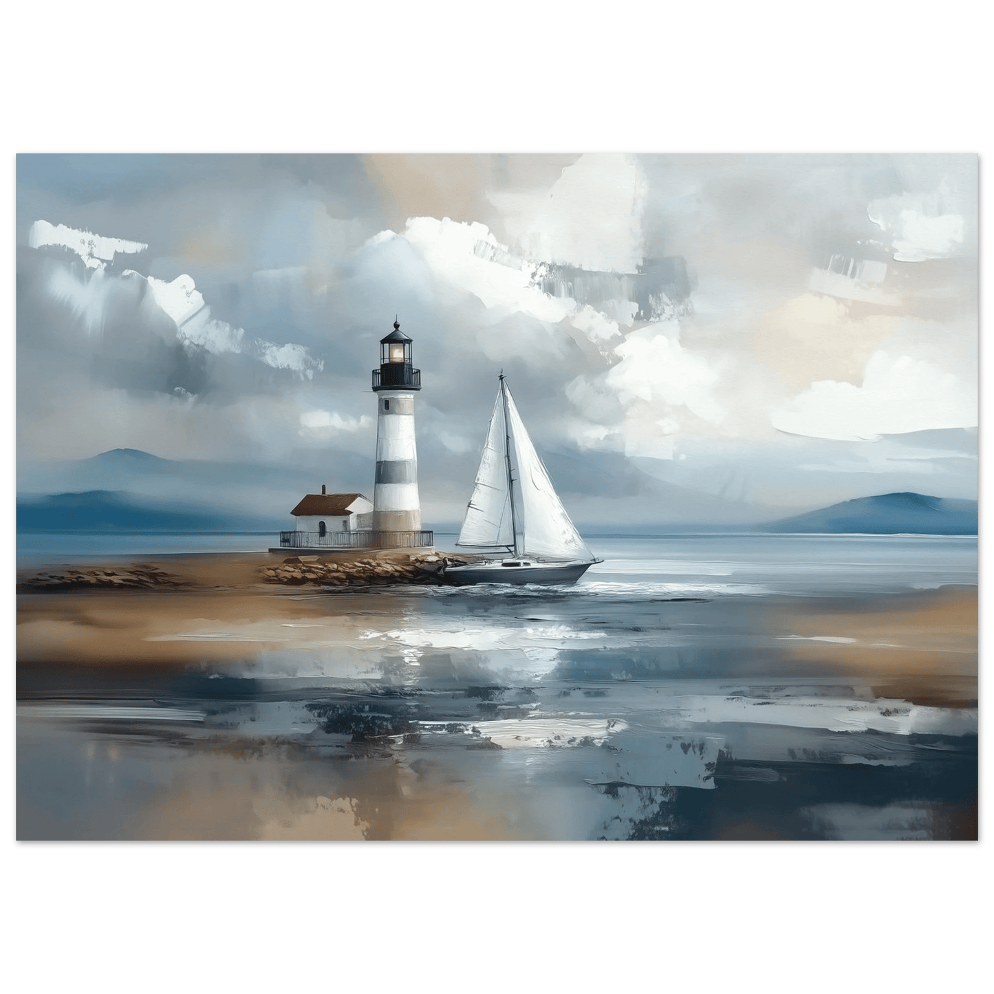 Fyrtårn og seilbåt – KI digital oljemaling trykket på papir, lerret, aluminium, akryl og tre | KBentz.no