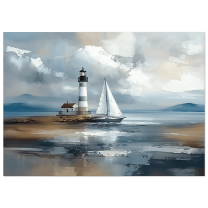 Fyrtårn og seilbåt – KI digital oljemaling trykket på papir, lerret, aluminium, akryl og tre | KBentz.no