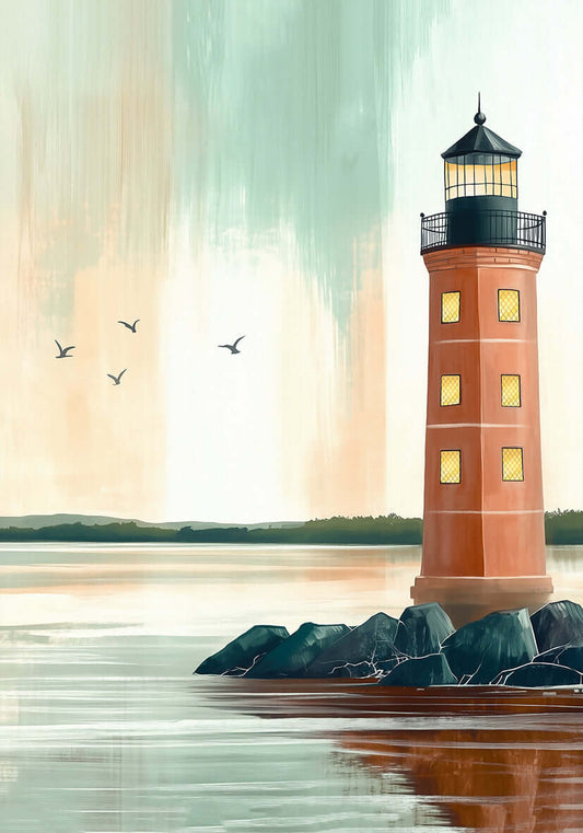 Fyrtårn ved havet – KI digital oljemaling trykket på papir, lerret, aluminium, akryl og tre | KBentz.no