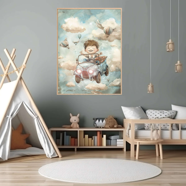 Glad gutt i svevebil – lekent digitalt maleri med oljemalingstekstur – KBentz.no