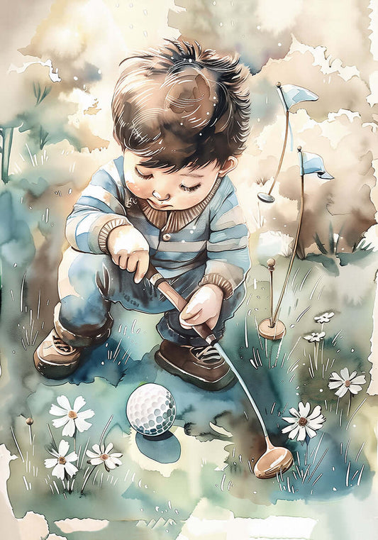 Golfdrøm i blomstereng – KI digital oljemaling trykket på papir, lerret, aluminium, akryl og tre | KBentz.no
