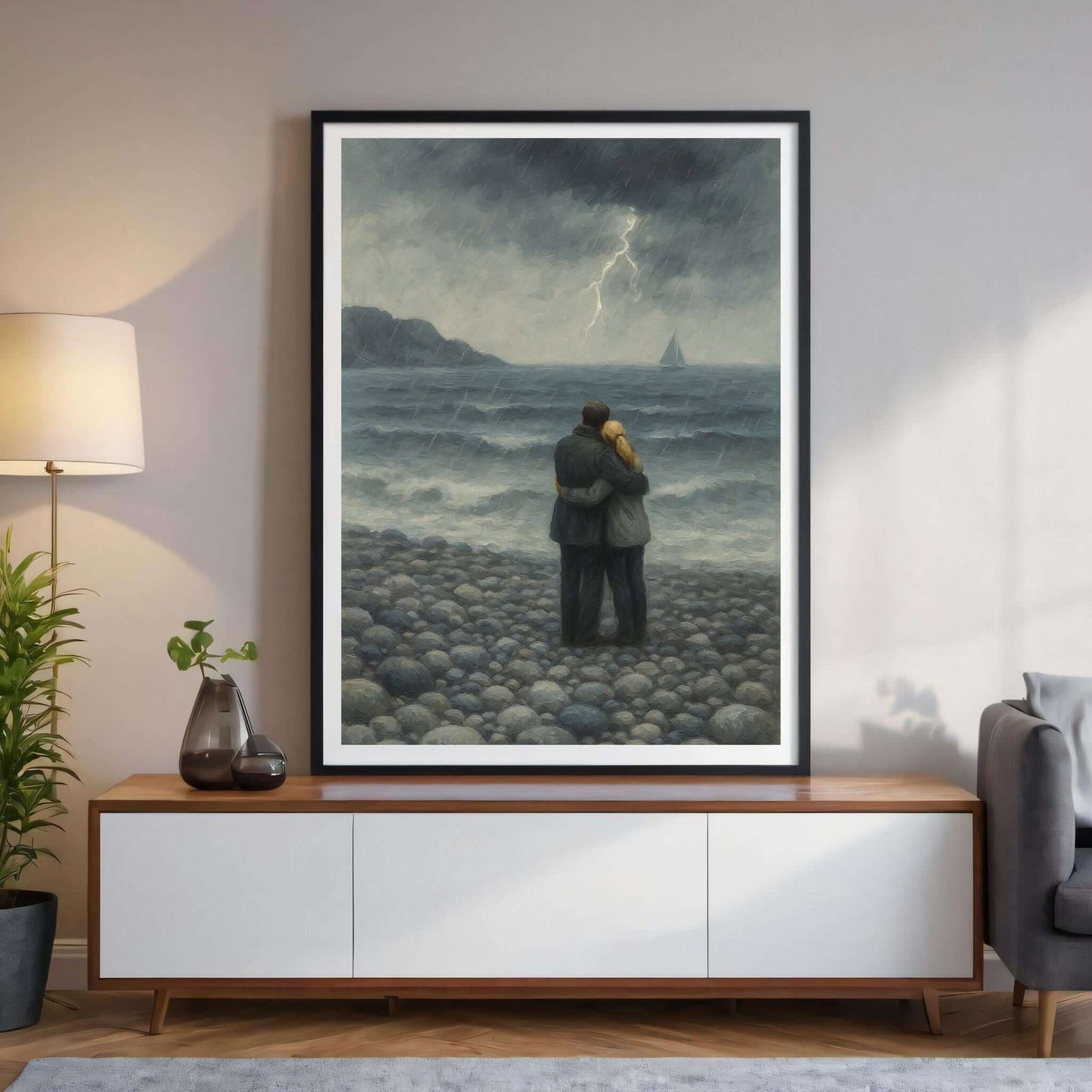 Kjærlighet i uvær – KI digital oljemaling trykket på papir, lerret, aluminium, akryl og tre | KBentz.no