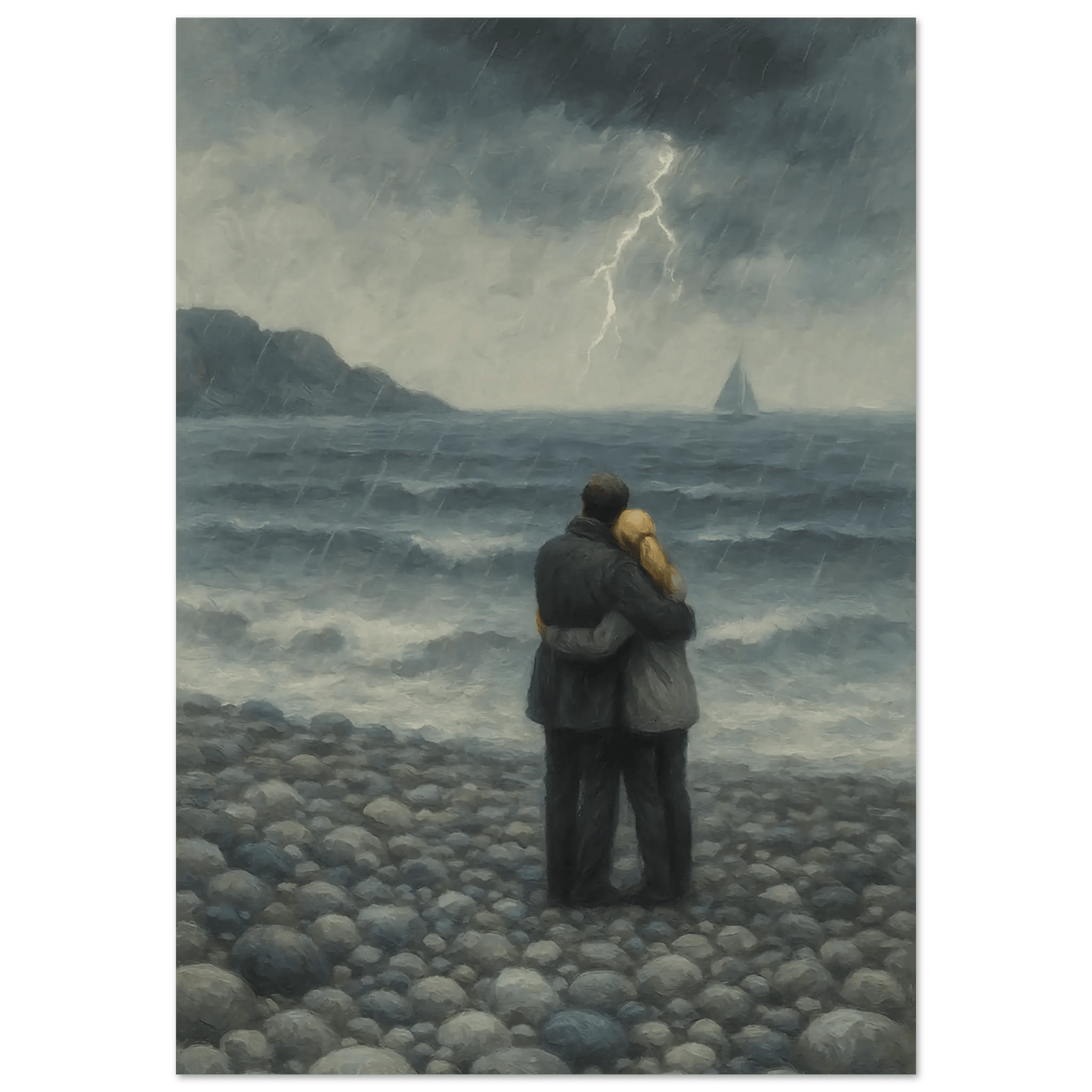 Kjærlighet i uvær – KI digital oljemaling trykket på papir, lerret, aluminium, akryl og tre | KBentz.no