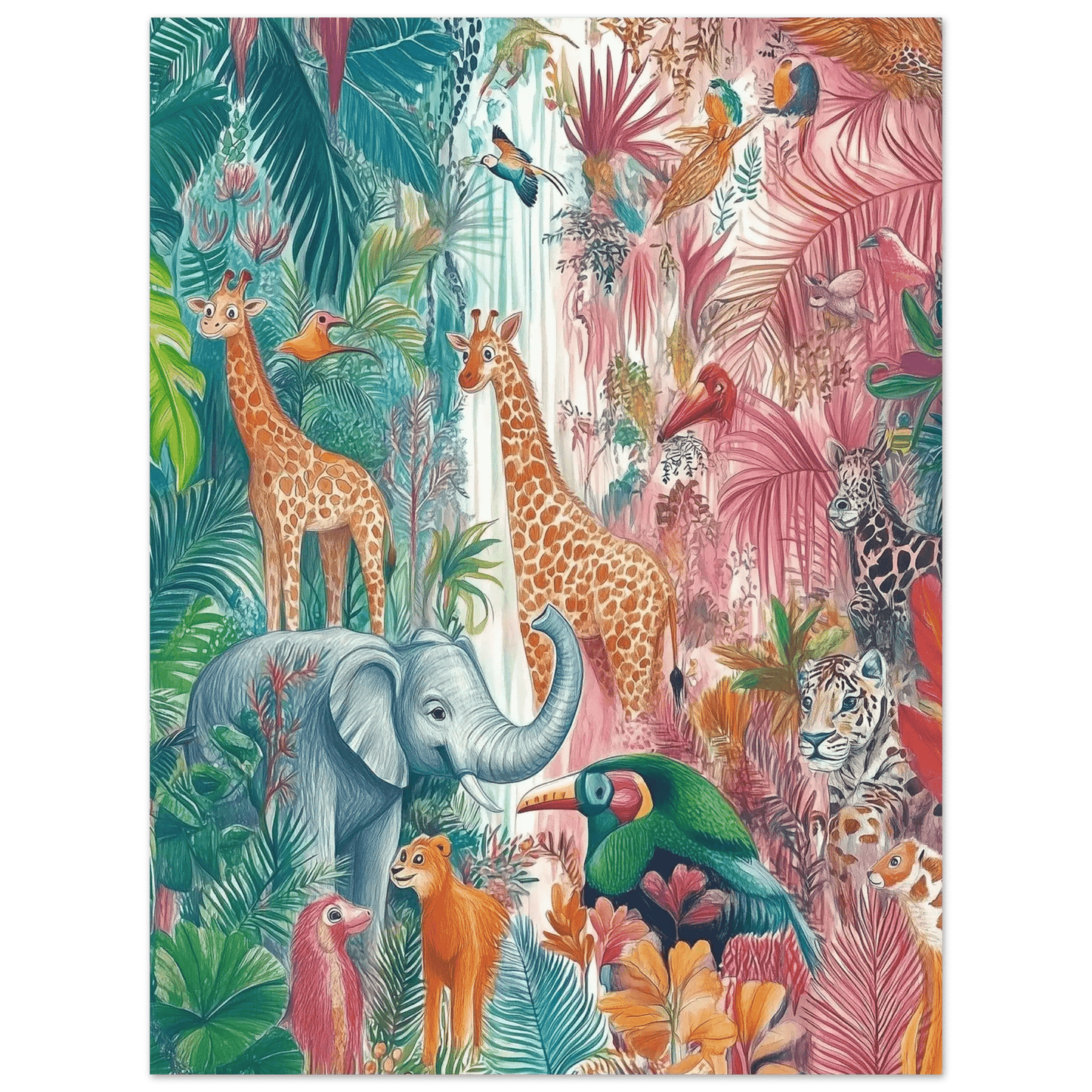 Magisk jungelliv – KI digital oljemaling trykket på papir, lerret, aluminium, akryl og tre | KBentz.no