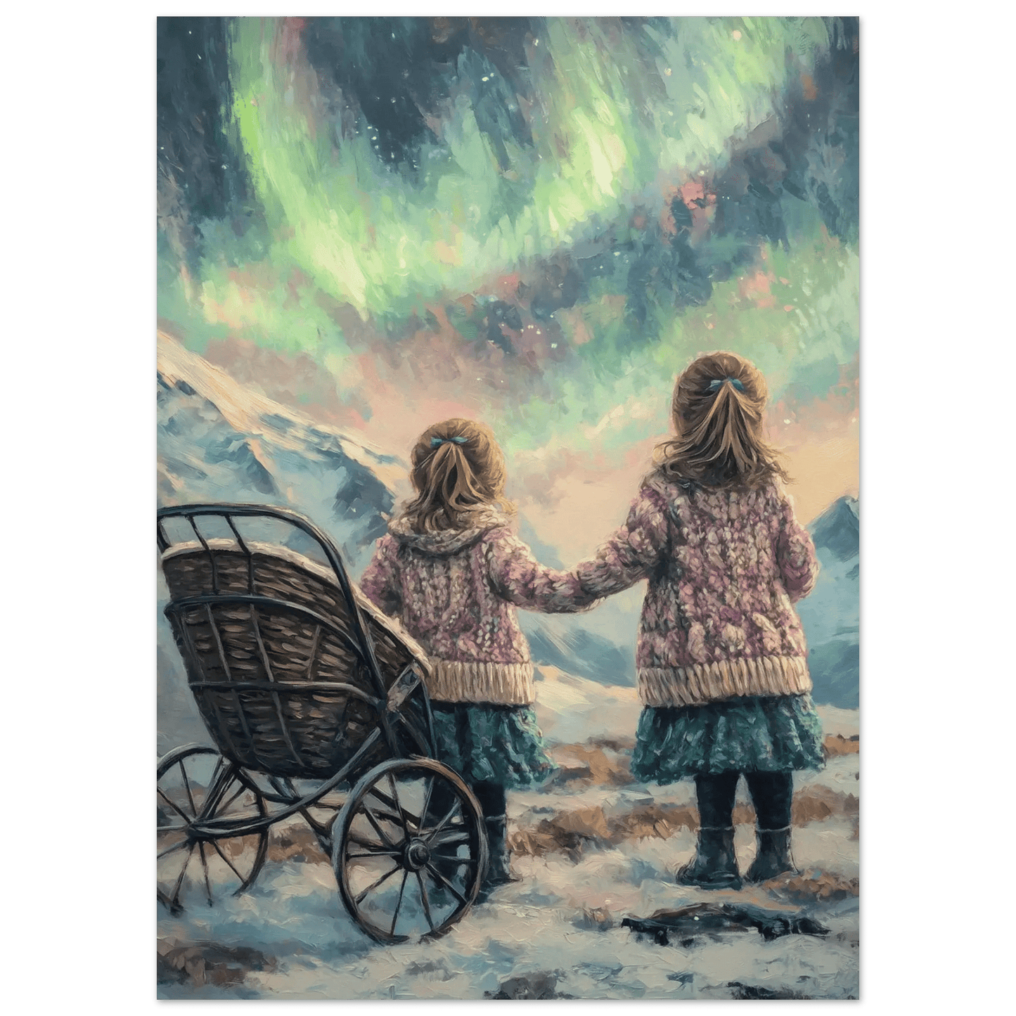 Nordlys og Lek – KI digital oljemaling trykket på papir, lerret, aluminium, akryl og tre | KBentz.no