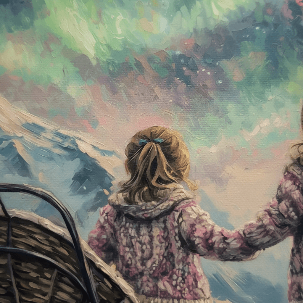 Nordlys og Lek – KI digital oljemaling trykket på papir, lerret, aluminium, akryl og tre | KBentz.no