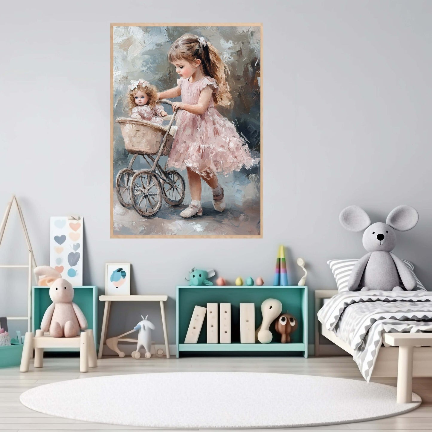 Pike og dukke på trilletur – KI digital oljemaling trykket på papir, lerret, aluminium, akryl og tre | KBentz.no