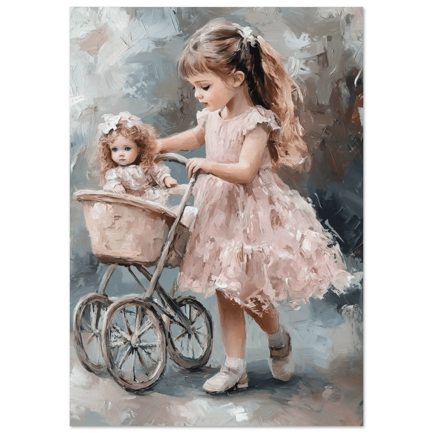 Pike og dukke på trilletur – KI digital oljemaling trykket på papir, lerret, aluminium, akryl og tre | KBentz.no