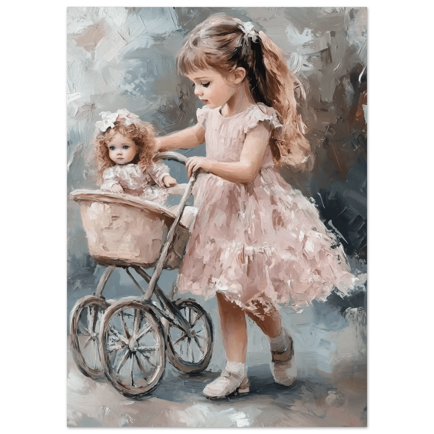 Pike og dukke på trilletur – KI digital oljemaling trykket på papir, lerret, aluminium, akryl og tre | KBentz.no