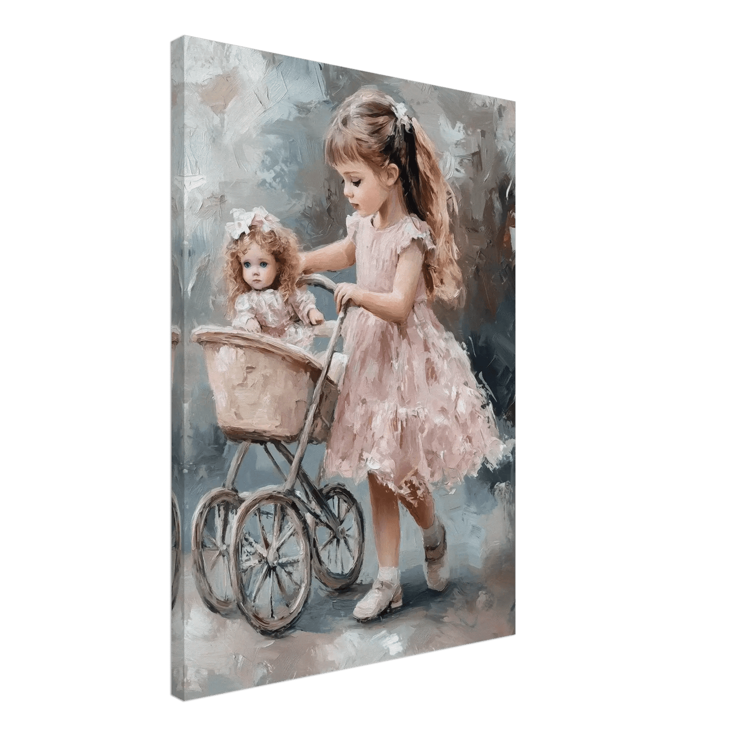 Pike og dukke på trilletur – KI digital oljemaling trykket på papir, lerret, aluminium, akryl og tre | KBentz.no