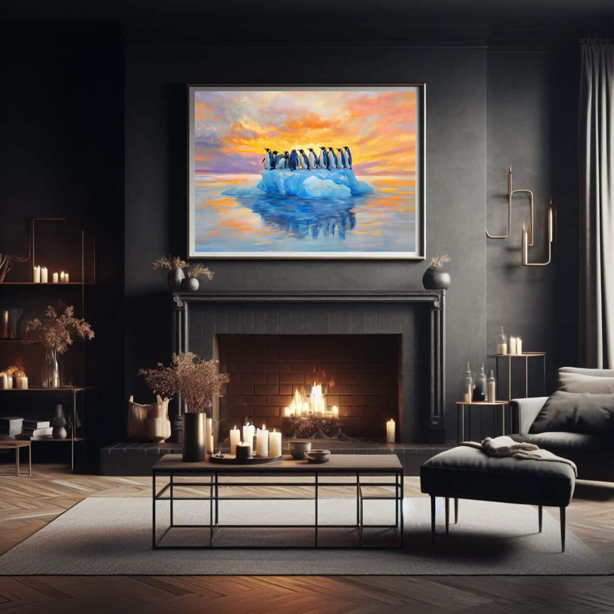 Pingvinenes morgen – KI digital oljemaling trykket på papir, lerret, aluminium, akryl og tre | KBentz.no