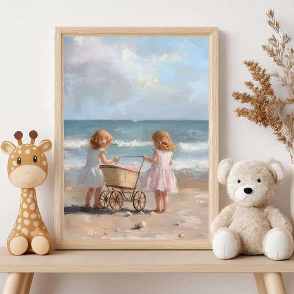 Søstre på stranden – KI digital oljemaling trykket på papir, lerret, aluminium, akryl og tre | KBentz.no