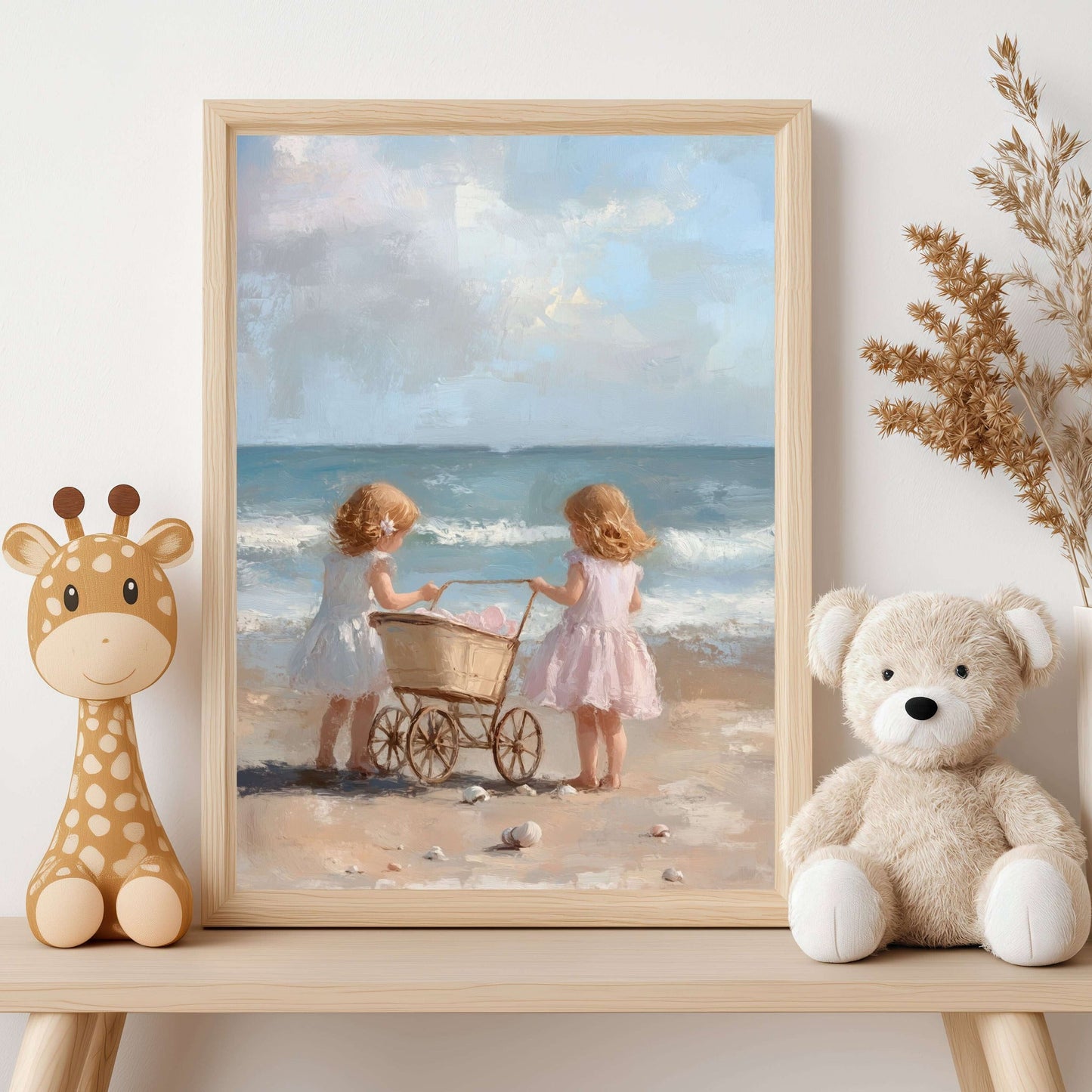 Søstre på stranden – KI digital oljemaling trykket på papir, lerret, aluminium, akryl og tre | KBentz.no