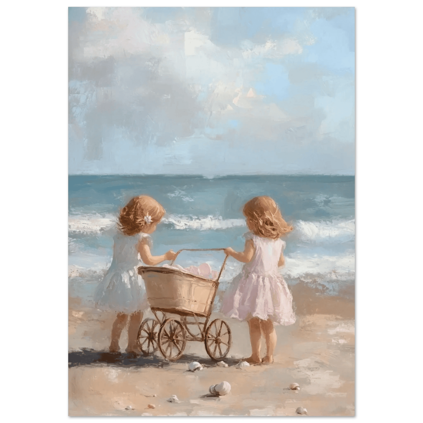 Søstre på stranden – KI digital oljemaling trykket på papir, lerret, aluminium, akryl og tre | KBentz.no