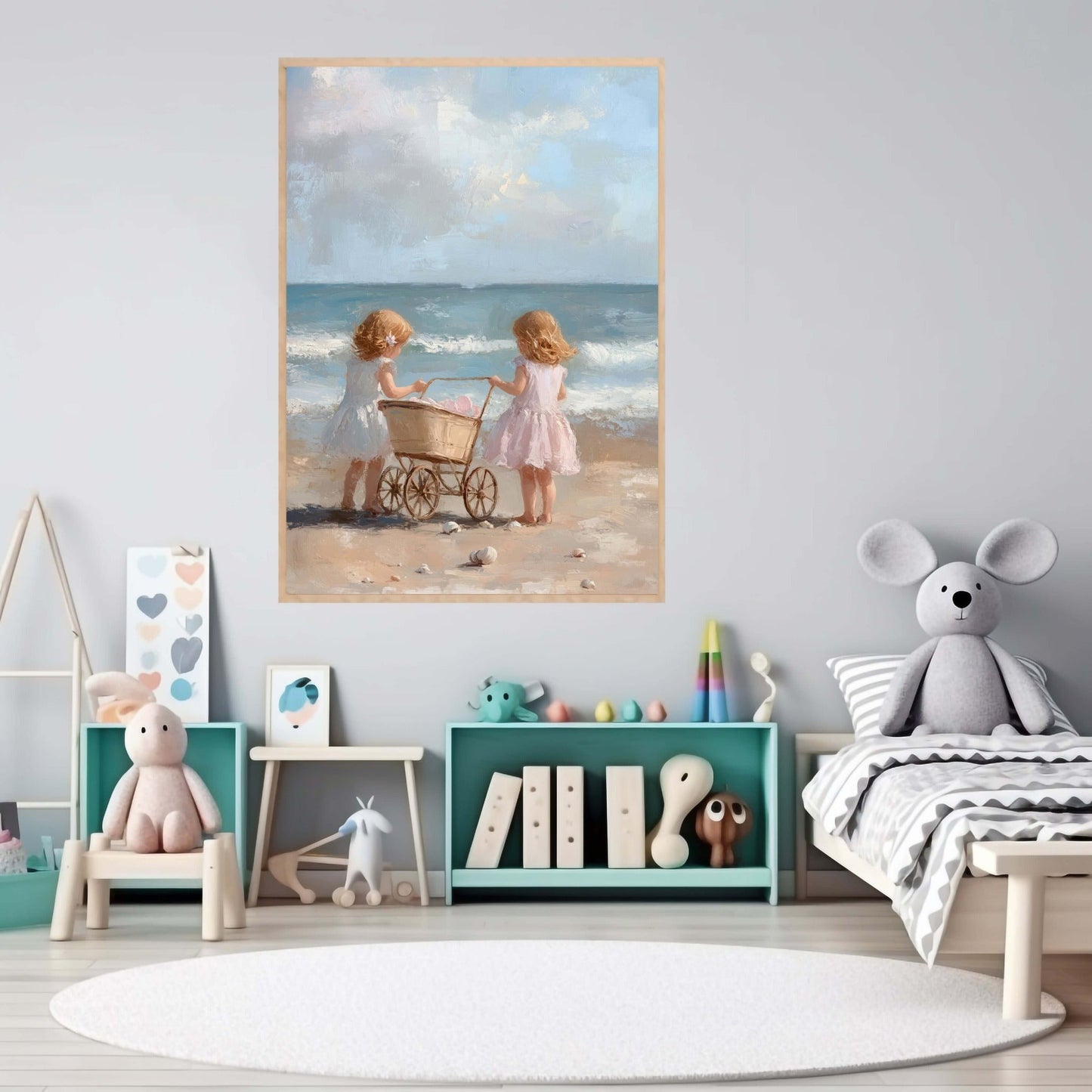 Søstre på stranden – KI digital oljemaling trykket på papir, lerret, aluminium, akryl og tre | KBentz.no