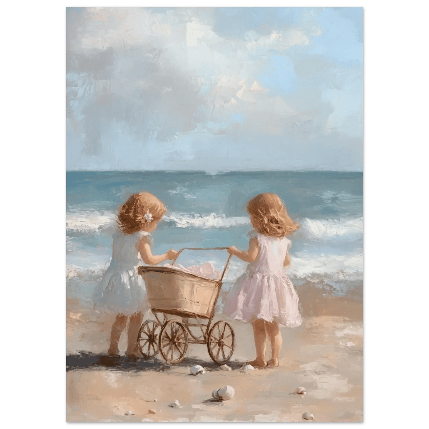 Søstre på stranden – KI digital oljemaling trykket på papir, lerret, aluminium, akryl og tre | KBentz.no
