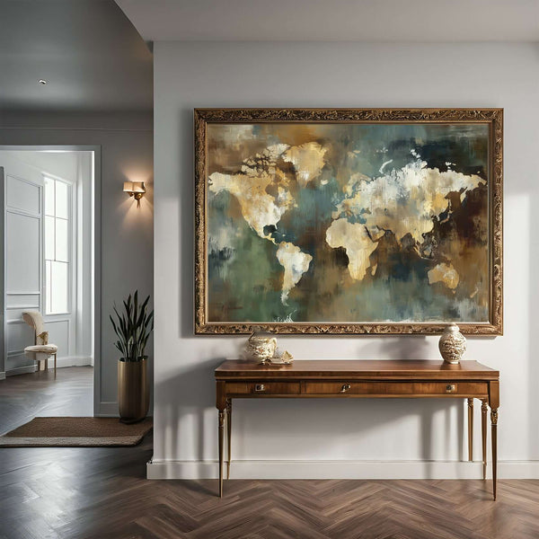 Verdenskart Gyldent Spill – KI digital oljemaling trykket på papir, lerret, aluminium, akryl og tre | KBentz.no