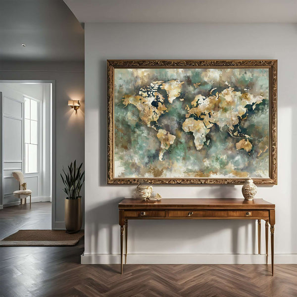 Verdenskart Jord og Sjø – KI digital oljemaling trykket på papir, lerret, aluminium, akryl og tre | KBentz.no